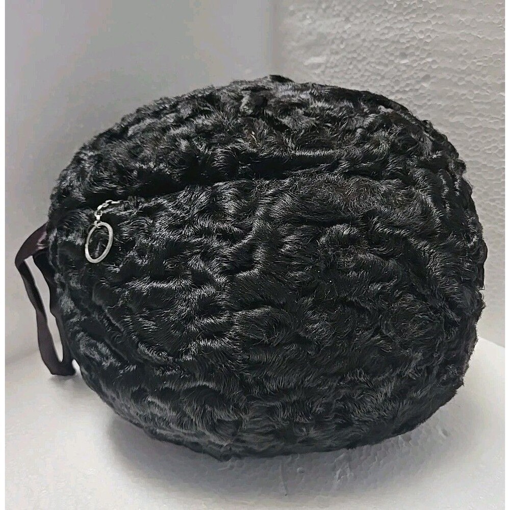 C. 1930 Black Persian Curly Lamb Hand Warmer Muff Muffler w Zipper Pocket EXC